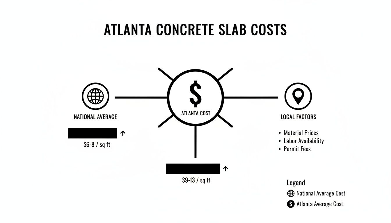Infographic showing Atlanta concrete slab costs, national average, and local factors like material prices and labor.
