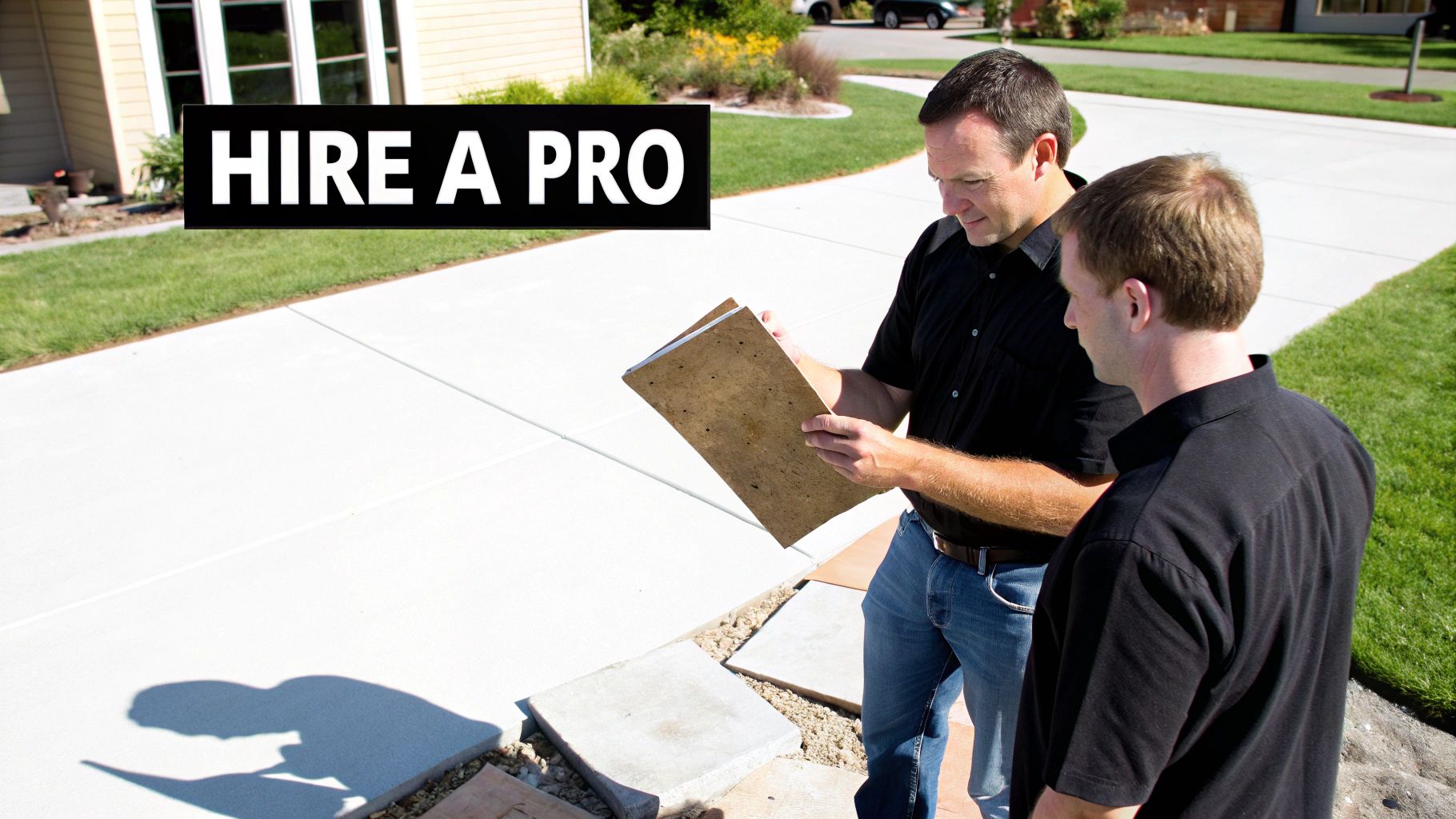Two professionals discuss concrete project plans with samples, highlighted by a 'Hire a Pro' sign.