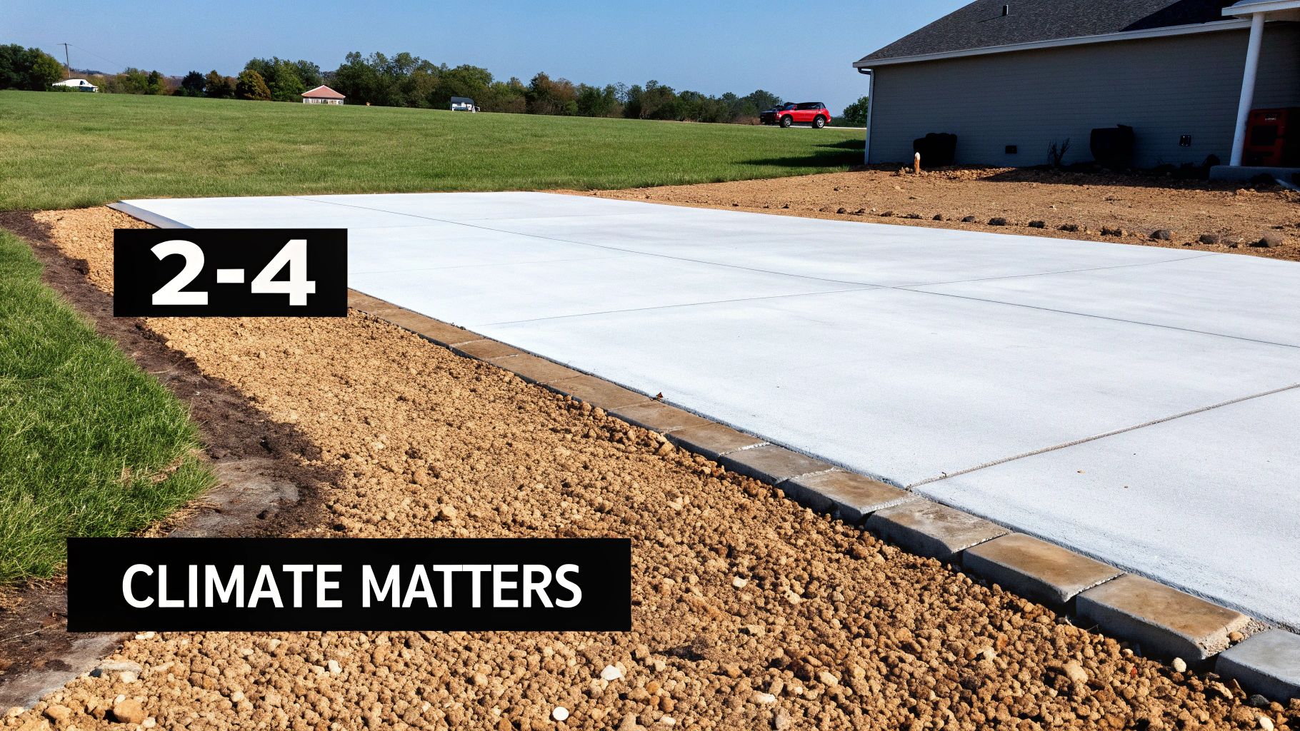 A newly installed concrete driveway bordered by small landscape blocks, surrounded by bare earth and green grass.
