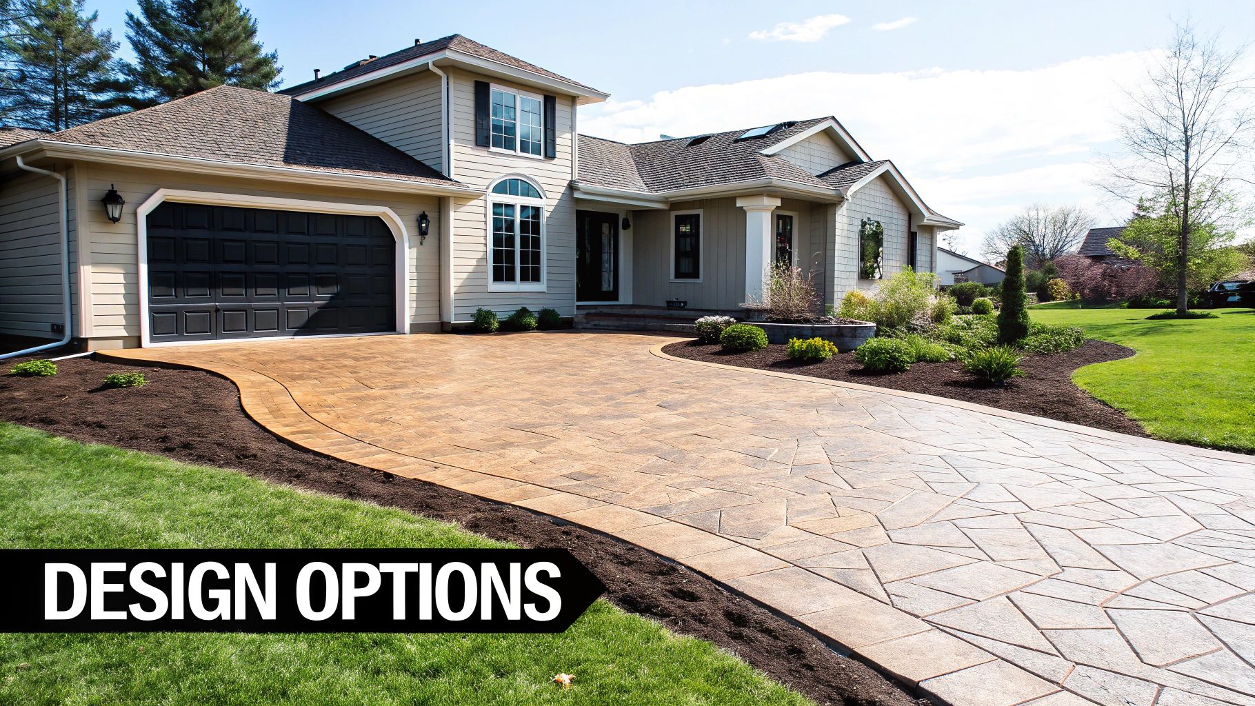 A modern home with tan siding, a black garage door, and an elegant patterned paver driveway.