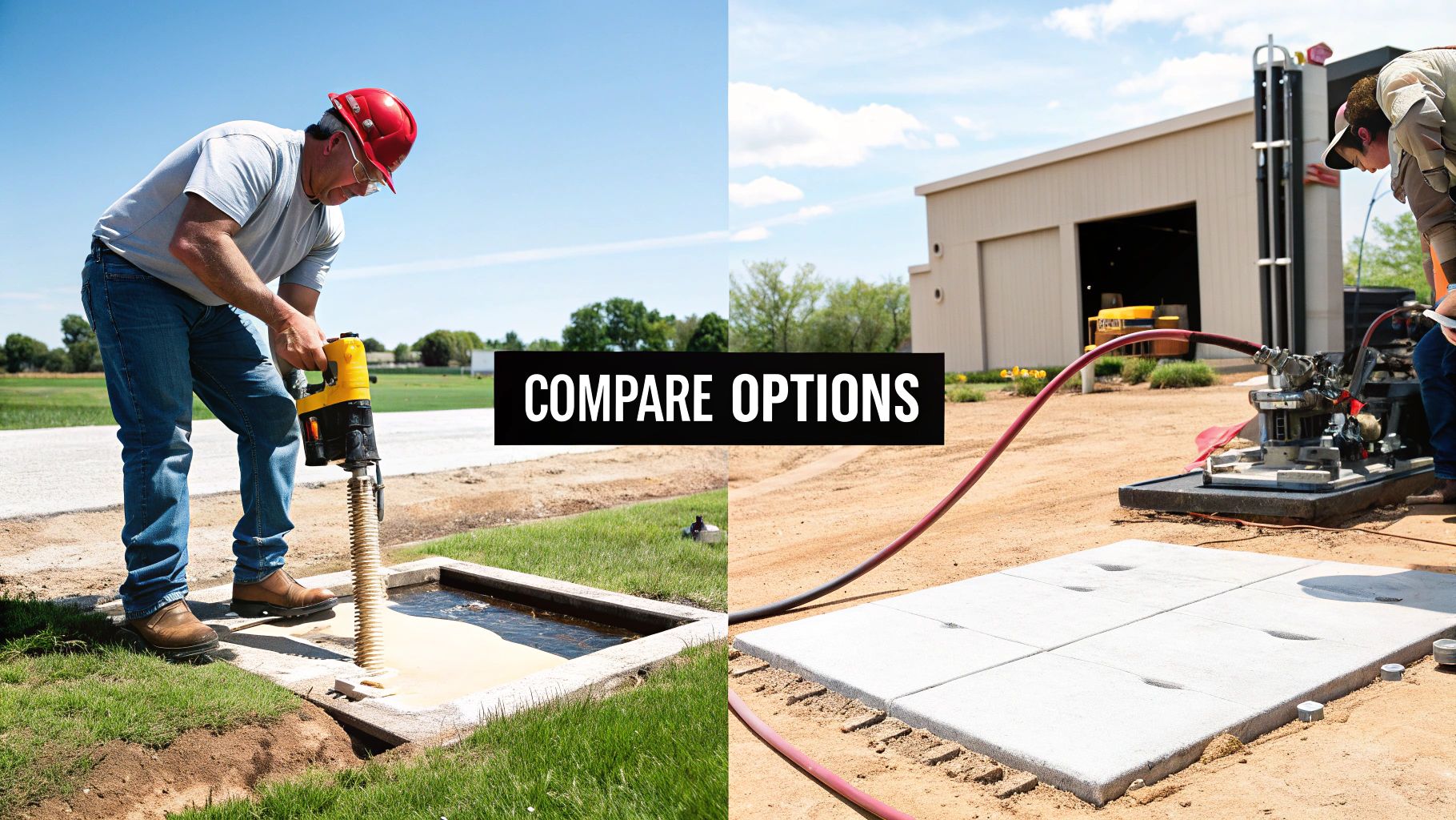 Two construction workers demonstrate different methods for concrete slab repair or installation options.