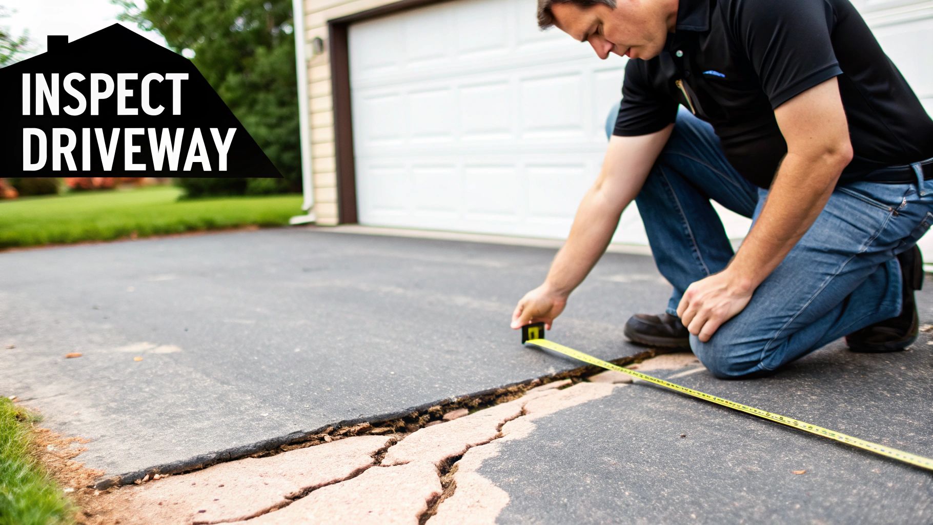 A home inspector measures a significant crack in a worn asphalt driveway, showing disrepair.
