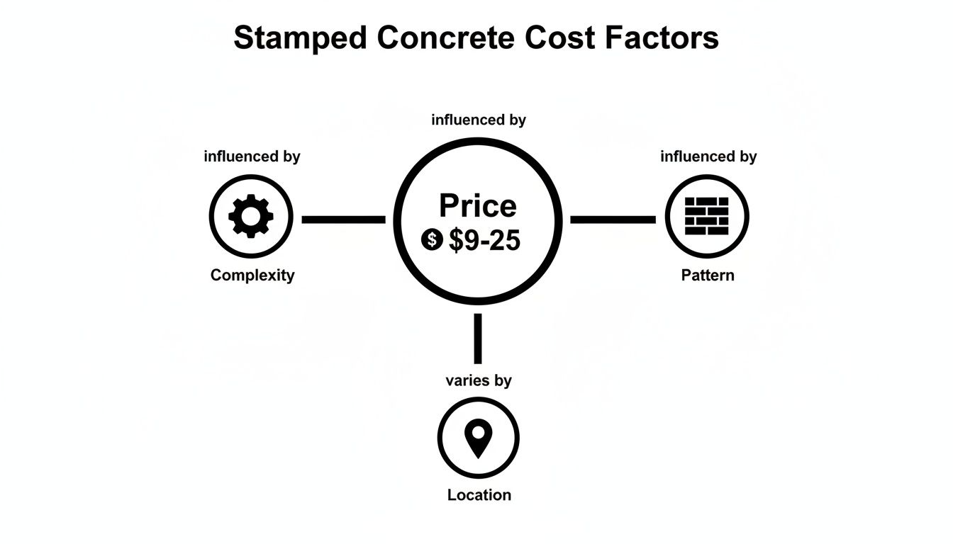 A diagram illustrating stamped concrete cost factors, showing price influenced by complexity, pattern, and location.