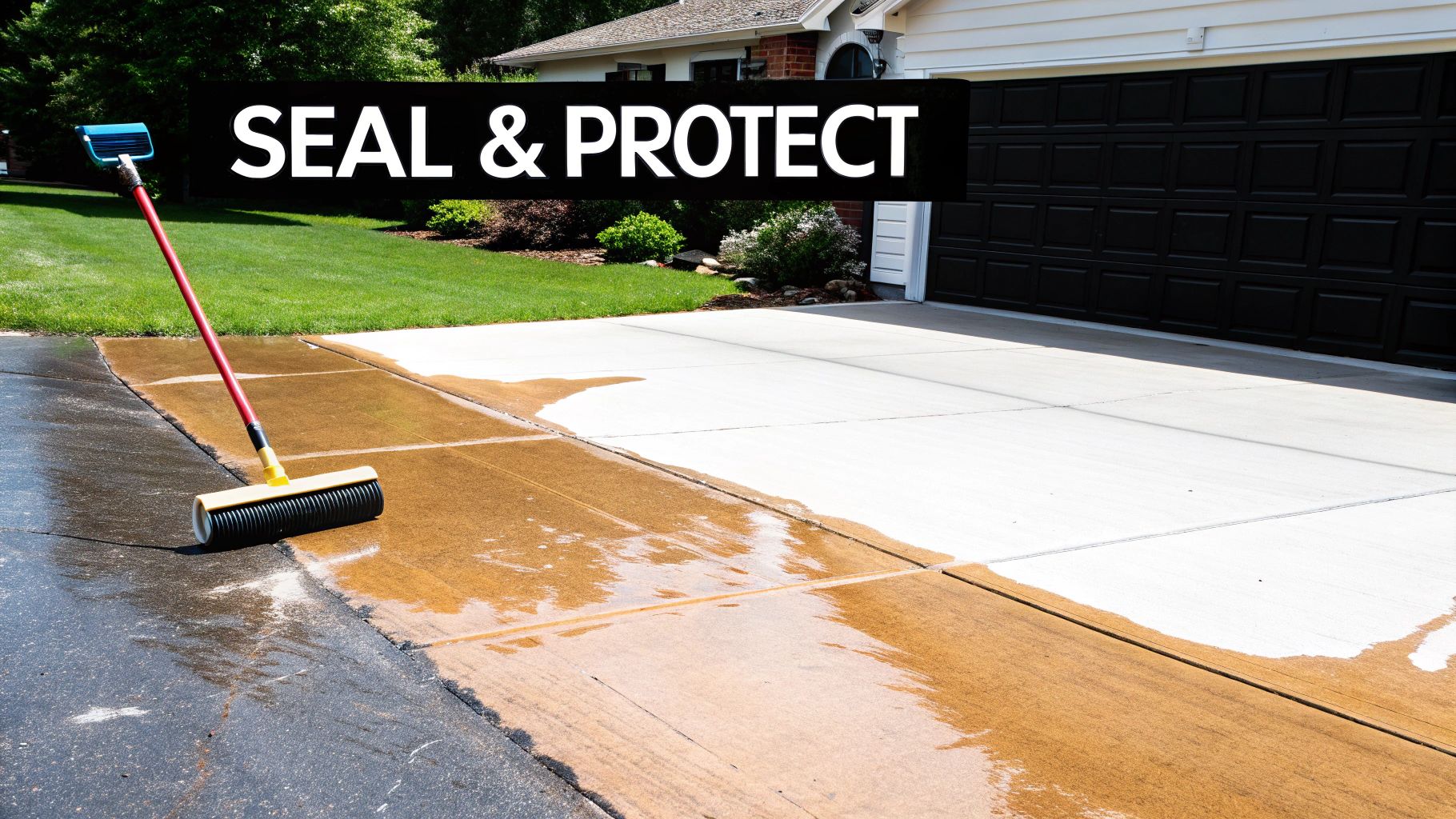 A homeowner seals and protects a concrete driveway with a large roller brush.