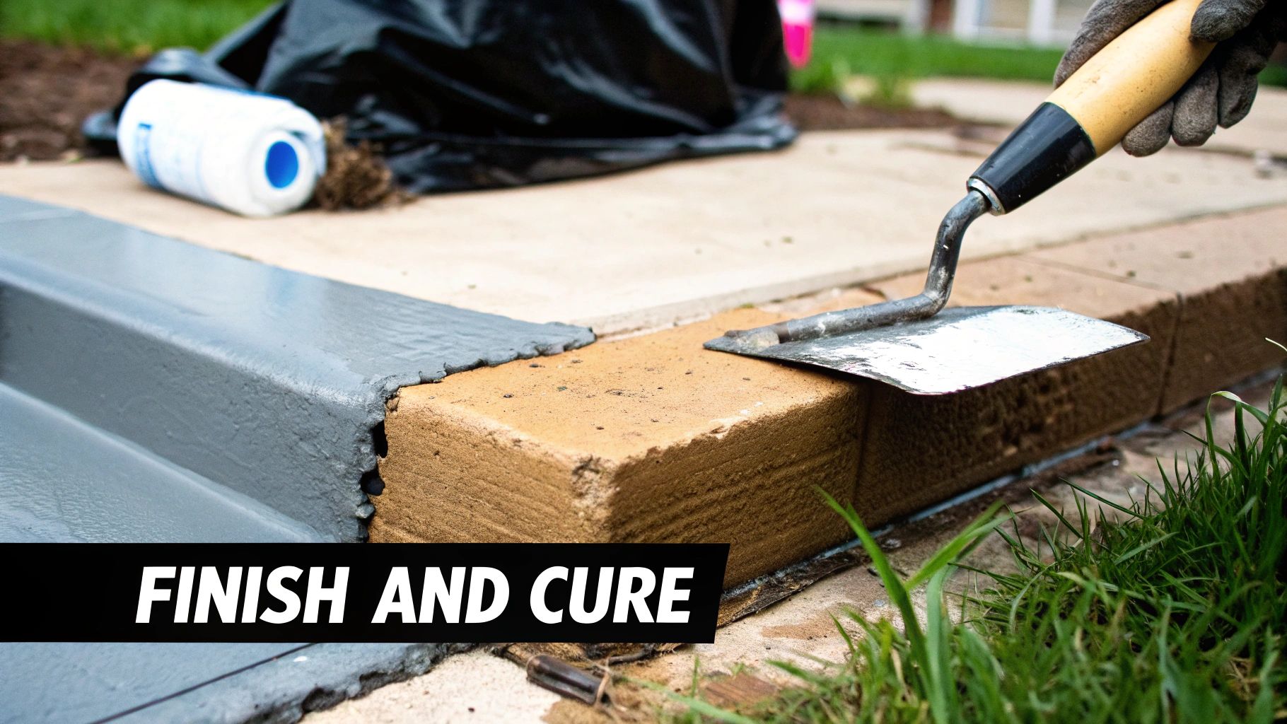 Worker using trowel to smooth and finish fresh concrete repair on outdoor step