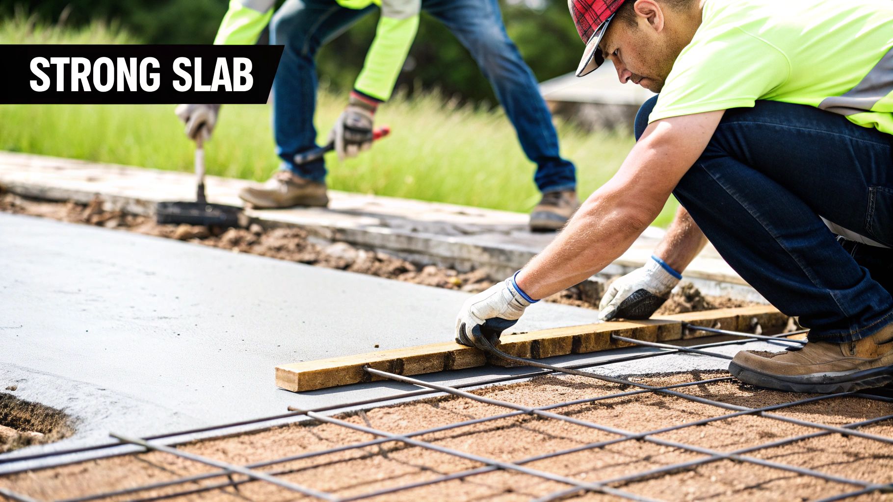 Workers constructing a concrete slab, leveling fresh concrete and placing rebar.