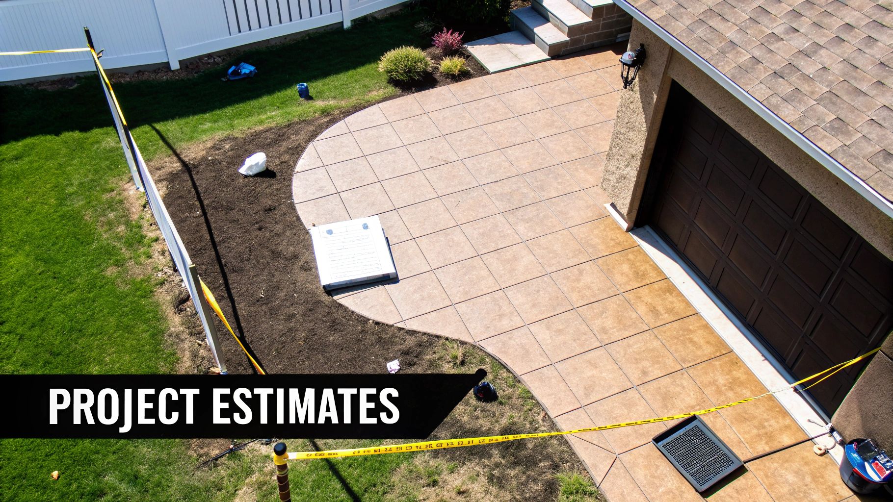 Aerial view of a new stamped concrete patio and driveway leading to a garage, with caution tape.