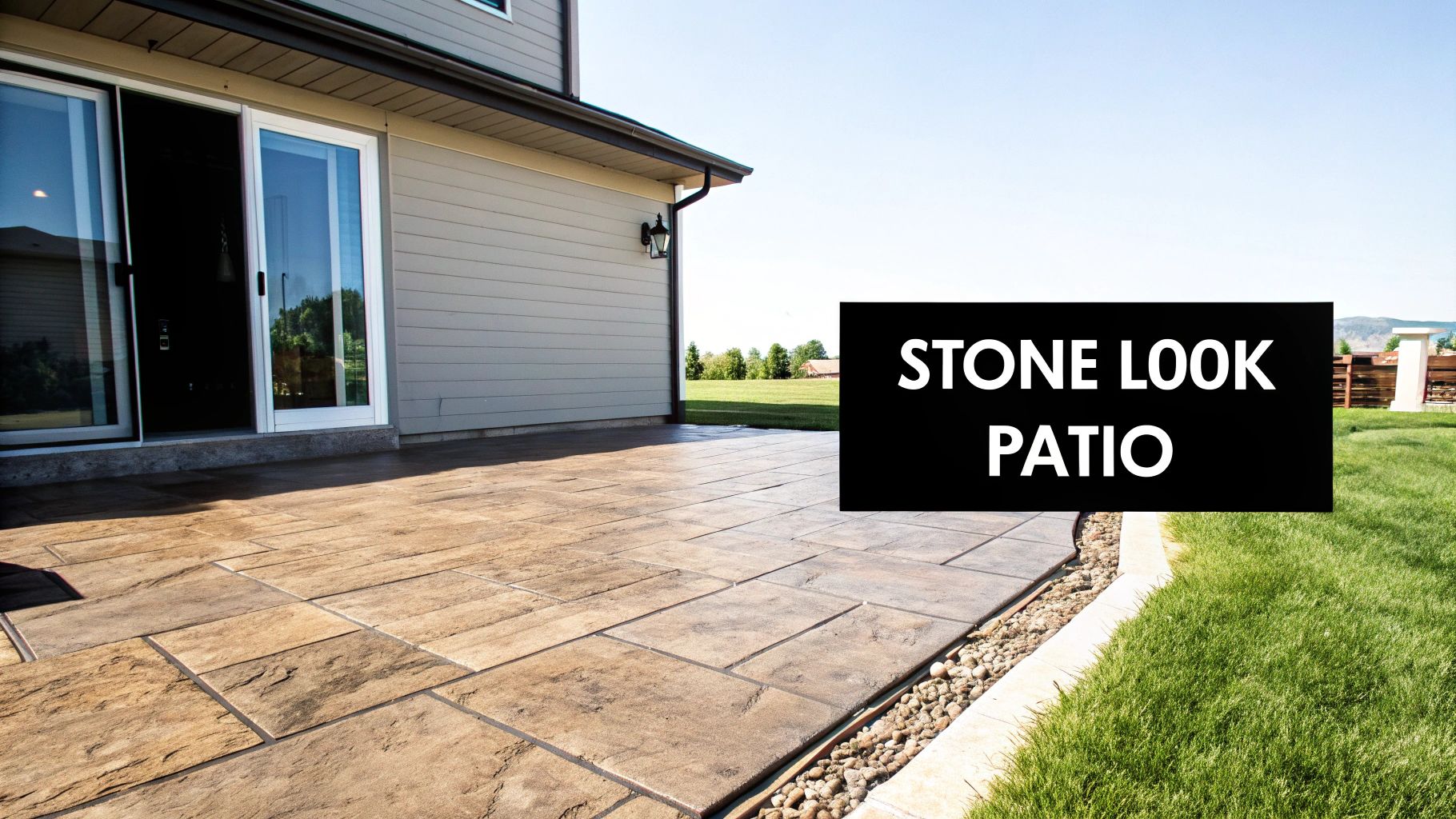 A modern house with a large, textured stone-look concrete patio next to a lush green lawn.