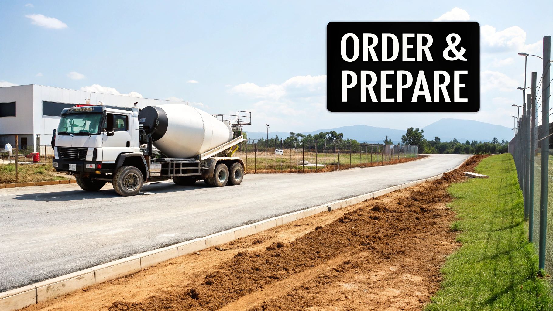 A white concrete mixer truck drives on a newly paved road at a construction site under a blue sky.