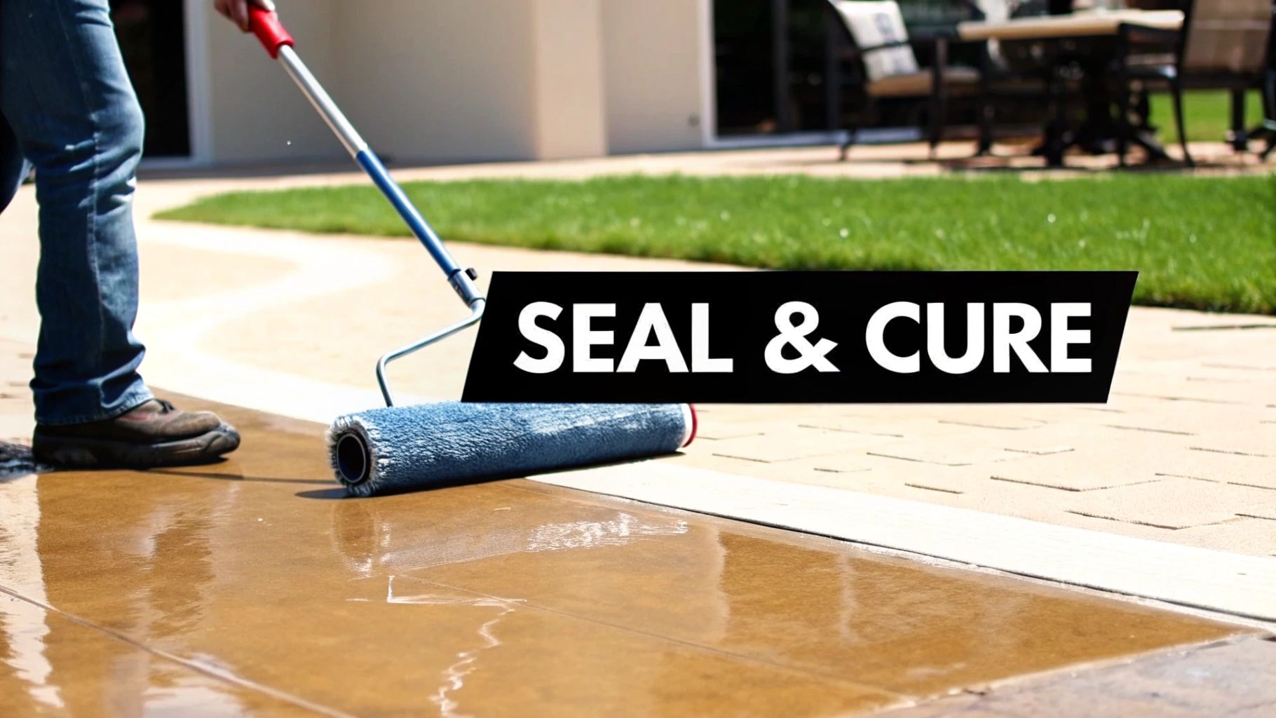 A person applies a clear sealant to a brown concrete patio with a roller, creating a wet, shiny finish. Text says SEAL & CURE.