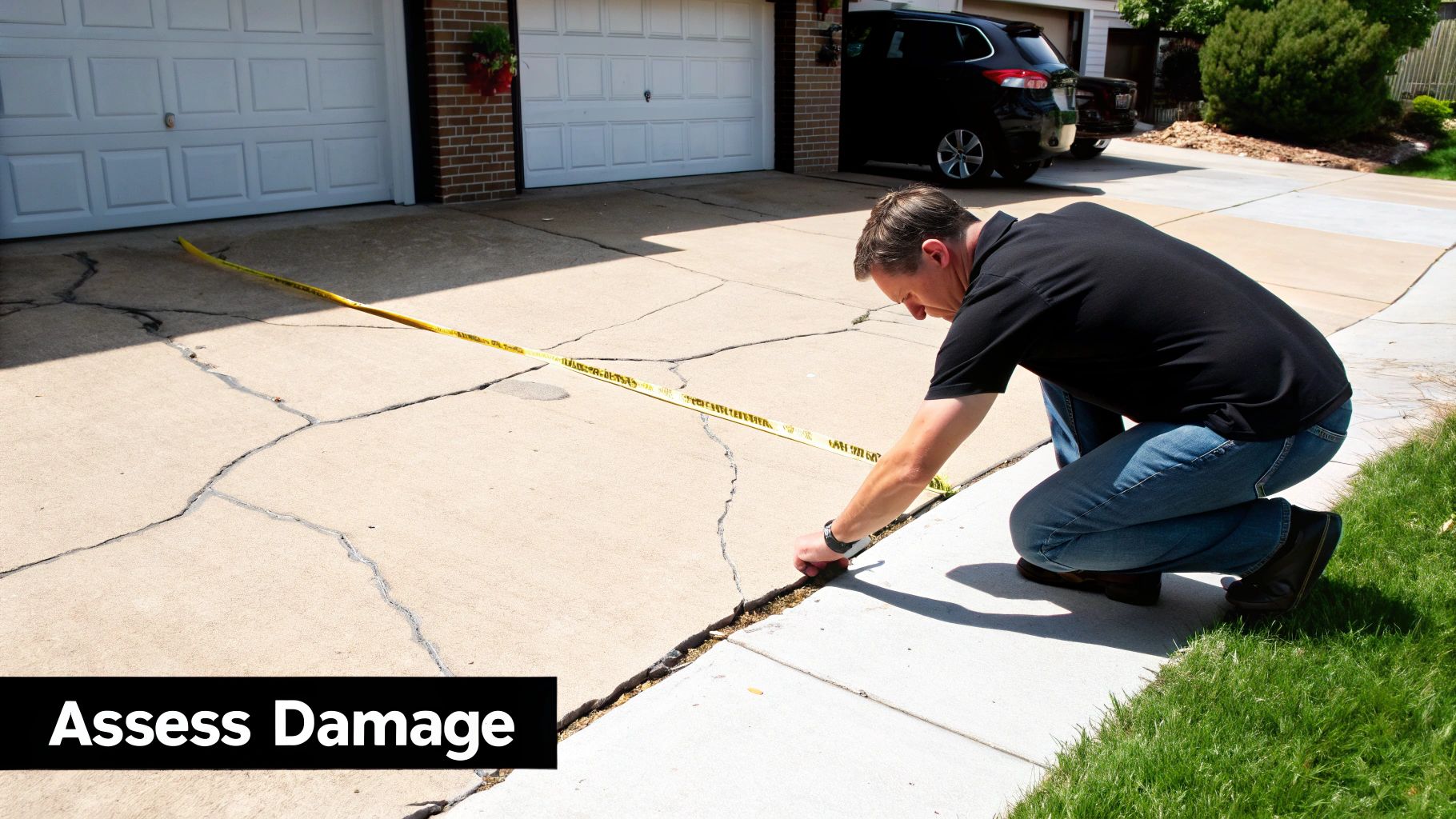 A man kneels to inspect severe cracks and damage on a concrete driveway, with caution tape present.