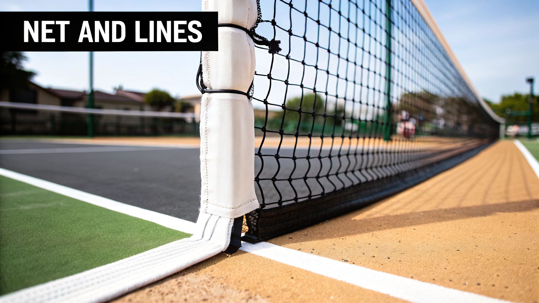 A pristine outdoor pickleball court surrounded by black fencing on a sunny day.