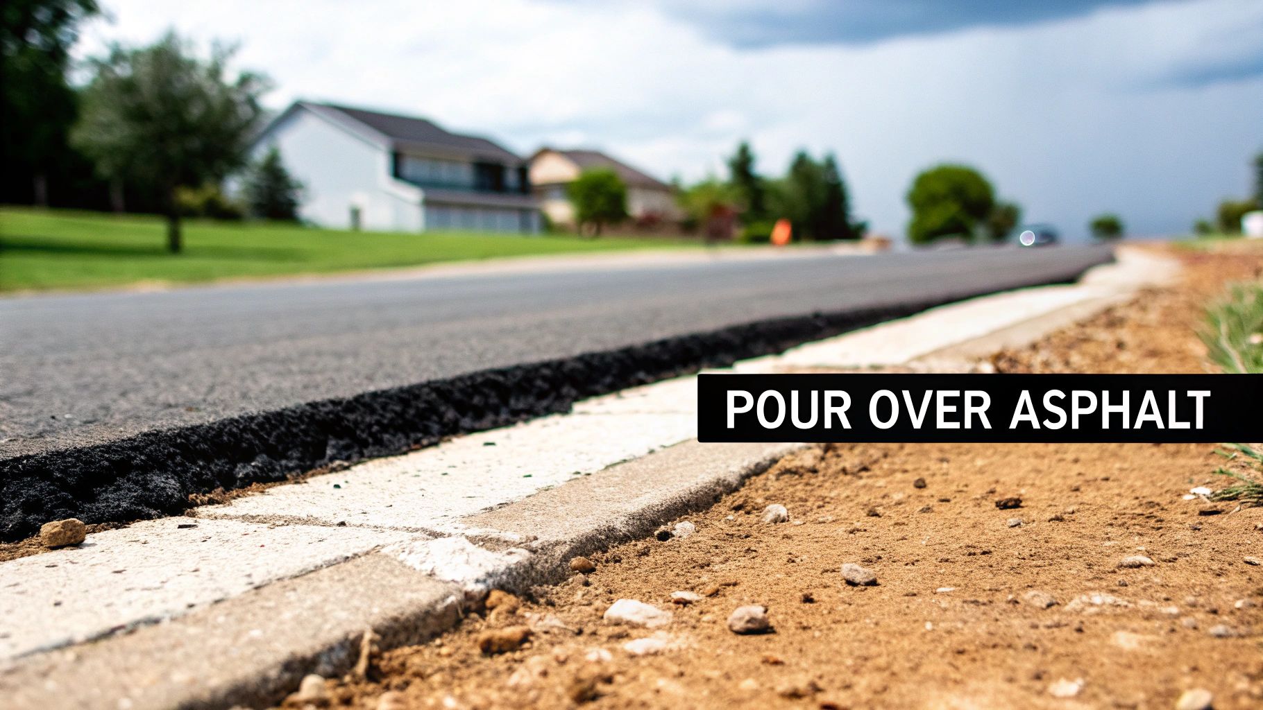 Close-up of newly paved asphalt road next to a concrete curb with a dirt shoulder, houses in background.