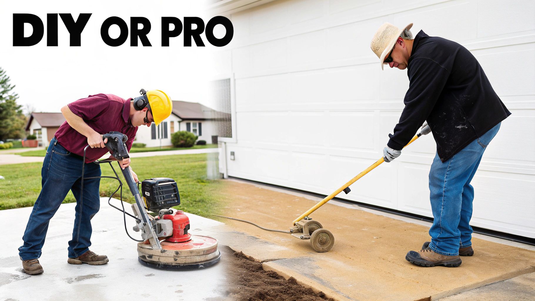 Two men comparing concrete work: one grinds (DIY), another scores (pro) under 'DIY OR PRO' text.