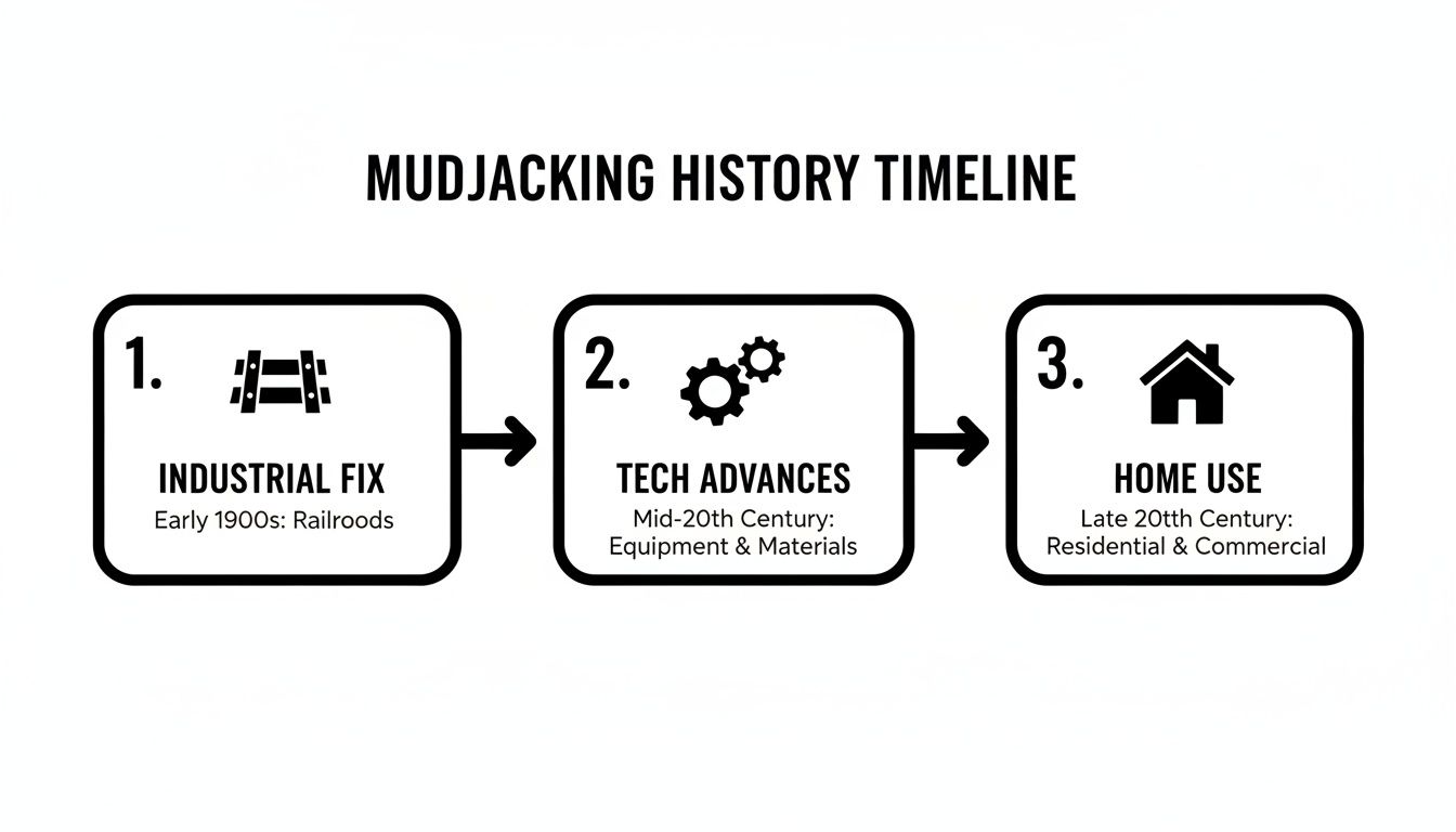 Timeline illustrating the history of mudjacking, from early 1900s industrial fixes to late 20th century home use.