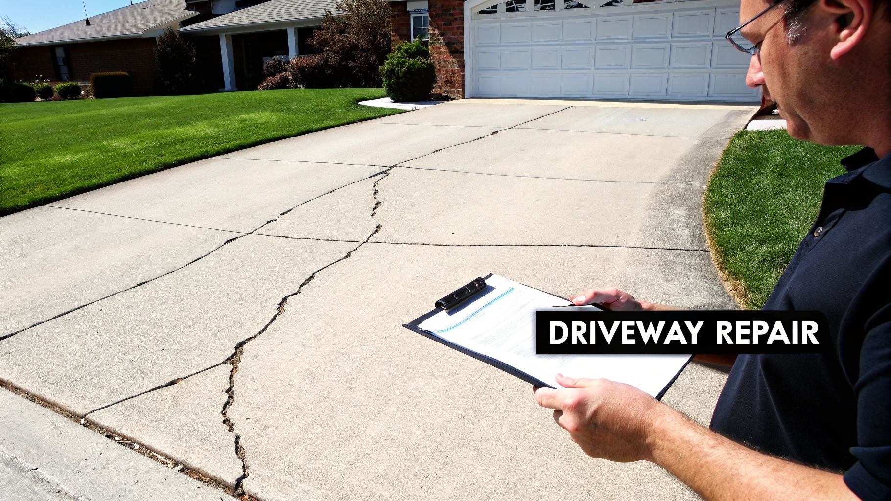 Professional contractor inspecting cracked concrete driveway with clipboard for repair assessment and documentation
