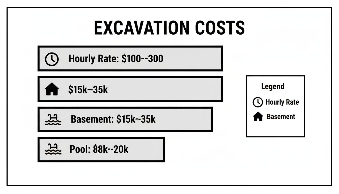 Infographic showing excavation costs for hourly rates, basement, and pool projects.