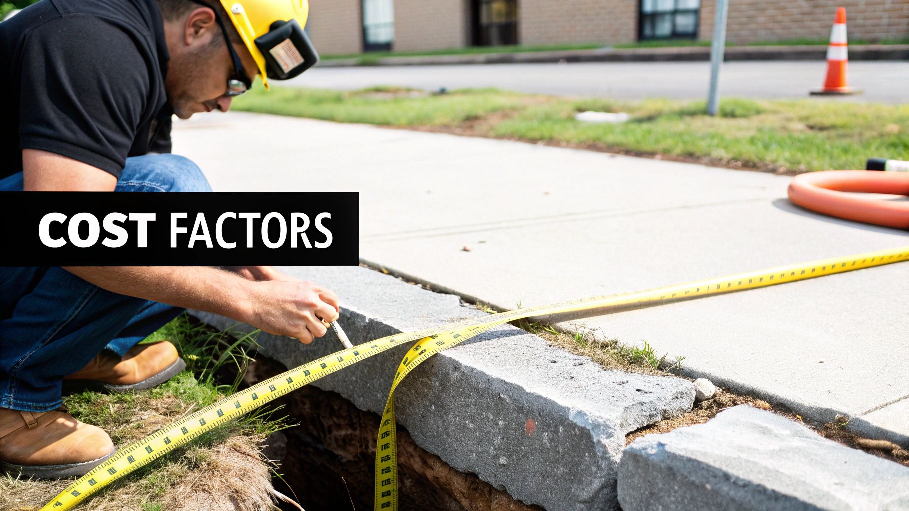 A construction worker in a hard hat measures a trench with a tape measure, highlighting cost factors.