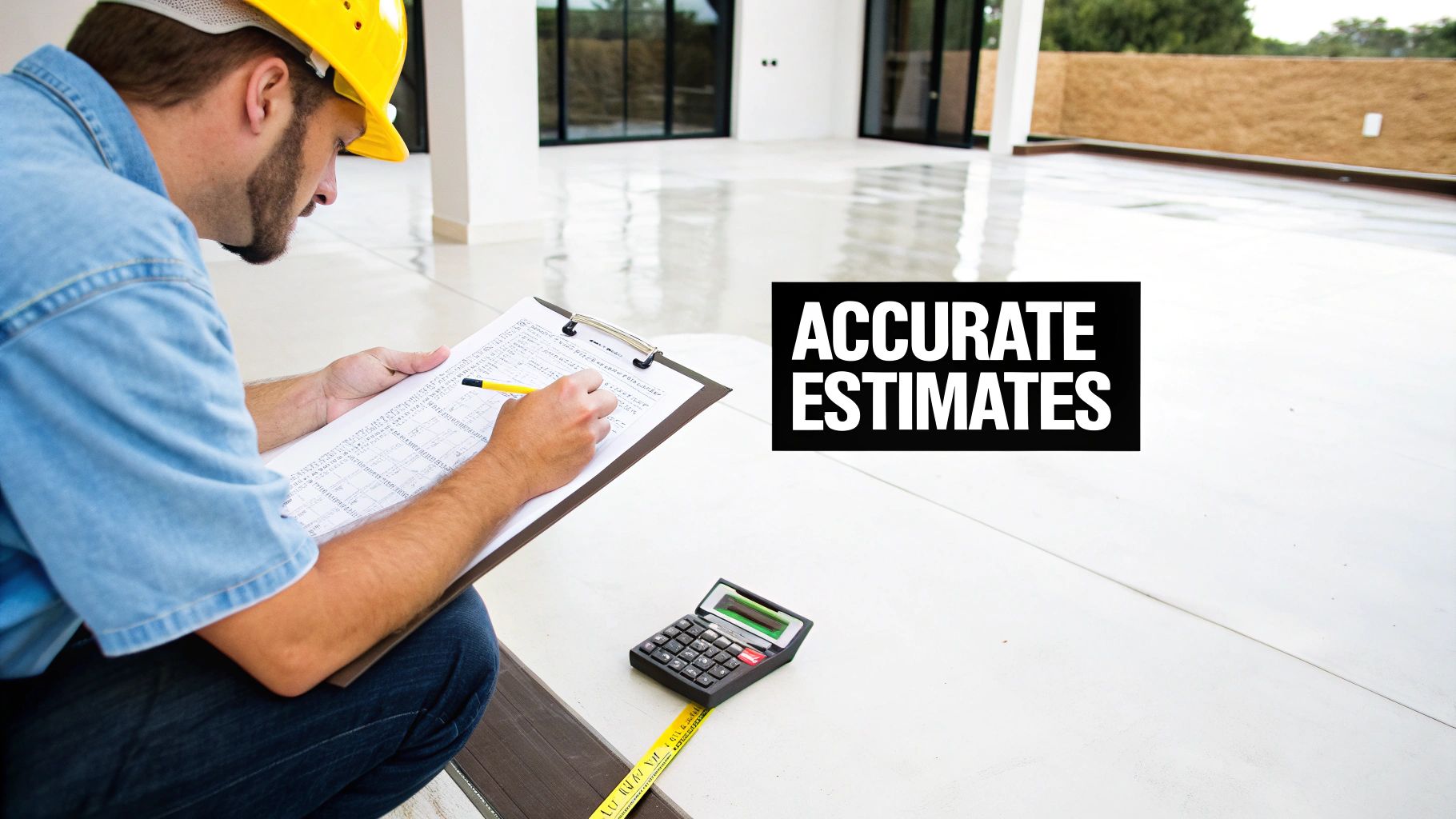 A construction worker in a hard hat making calculations on a clipboard with a calculator for accurate estimates.