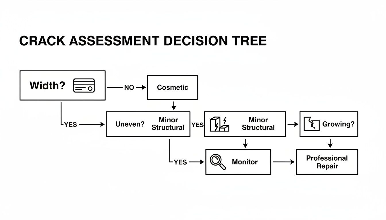 A crack assessment decision tree flowchart outlining steps for evaluating crack width, evenness, and growth.