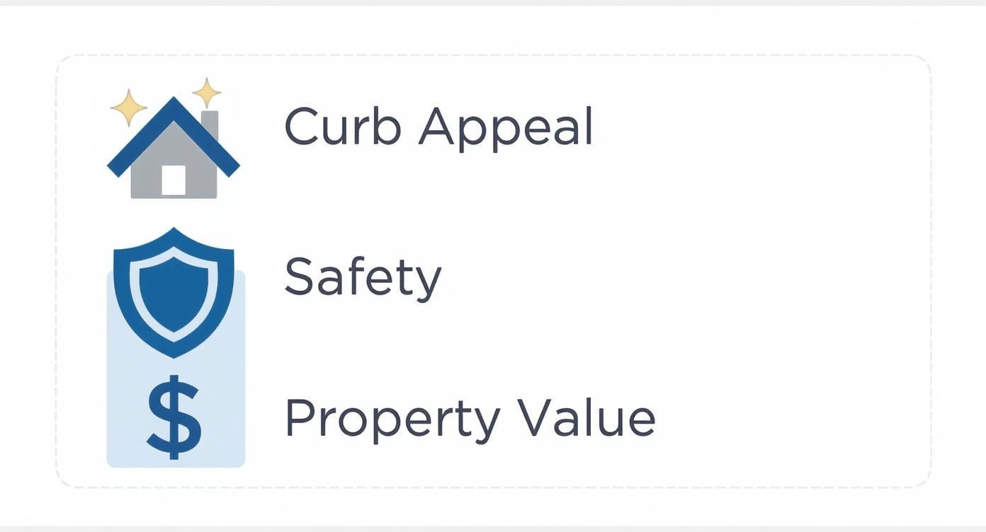 Three icons illustrating benefits: a sparkling house for curb appeal, a shield for safety, and a dollar sign for property value.