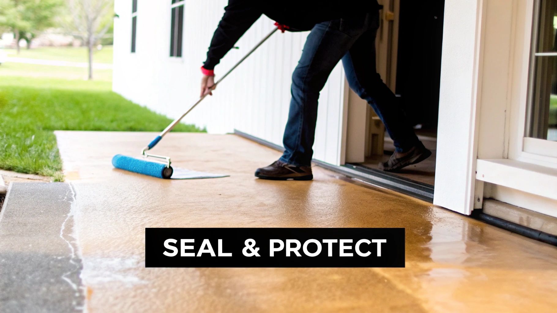A person applies a clear sealer to a concrete porch with a long-handled roller, protecting the surface.