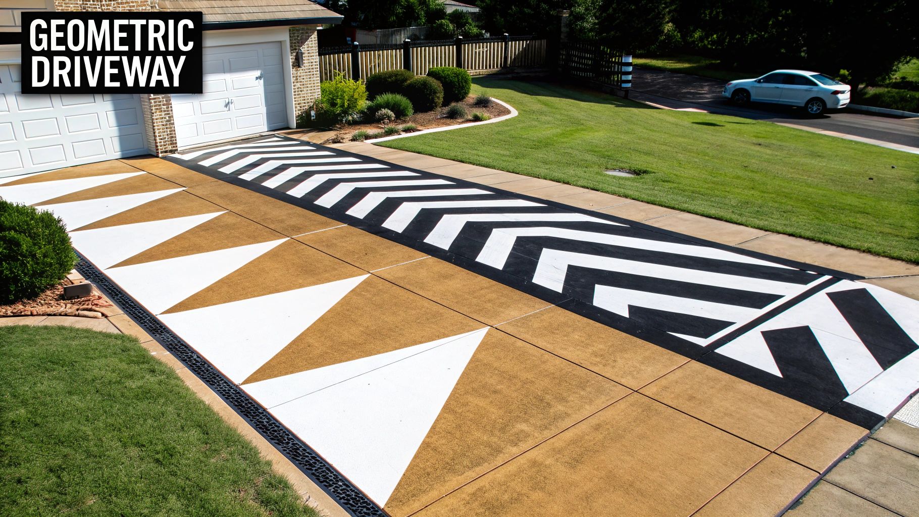 A modern concrete driveway with striking geometric patterns, featuring white triangles and black and white chevron stripes.