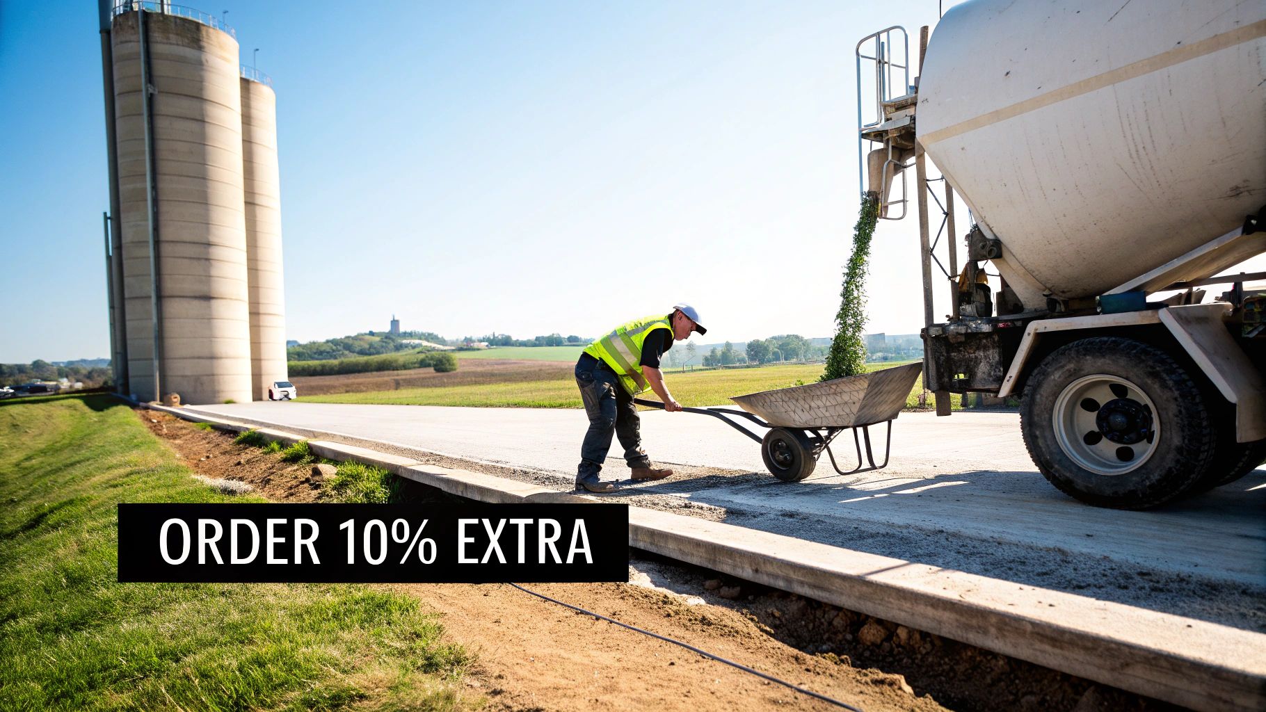 A construction worker in a hi-vis vest pours concrete from a mixer truck into a wheelbarrow.