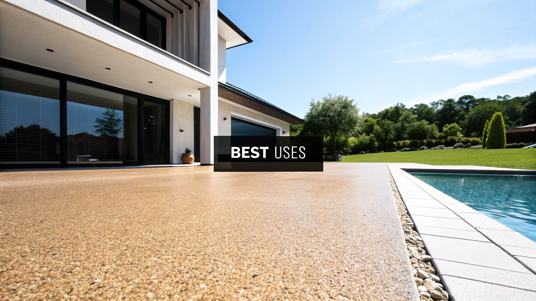A beautifully crafted exposed aggregate concrete patio area with outdoor seating.