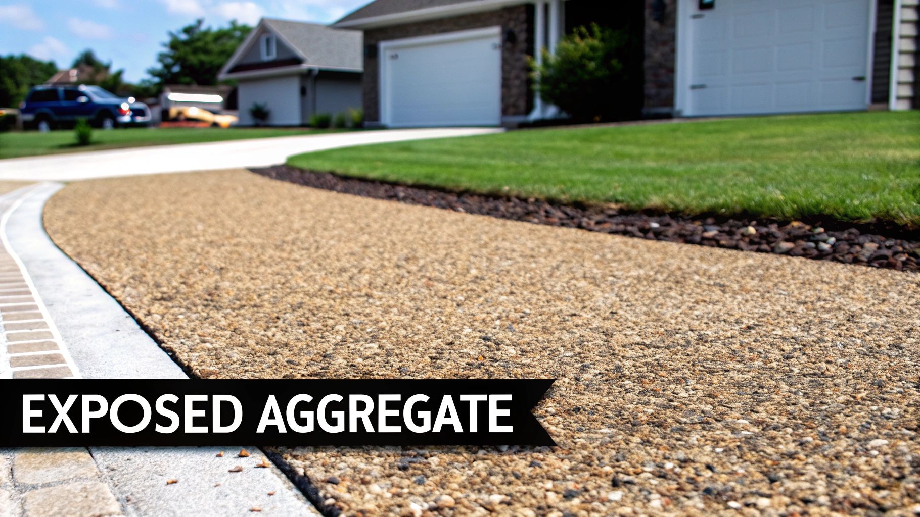 Close-up of an exposed aggregate concrete driveway, showing its textured surface next to green grass.