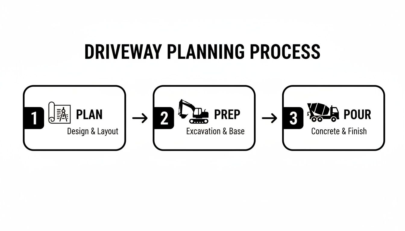 A three-step diagram illustrating the driveway planning process: Plan, Prep, and Pour.