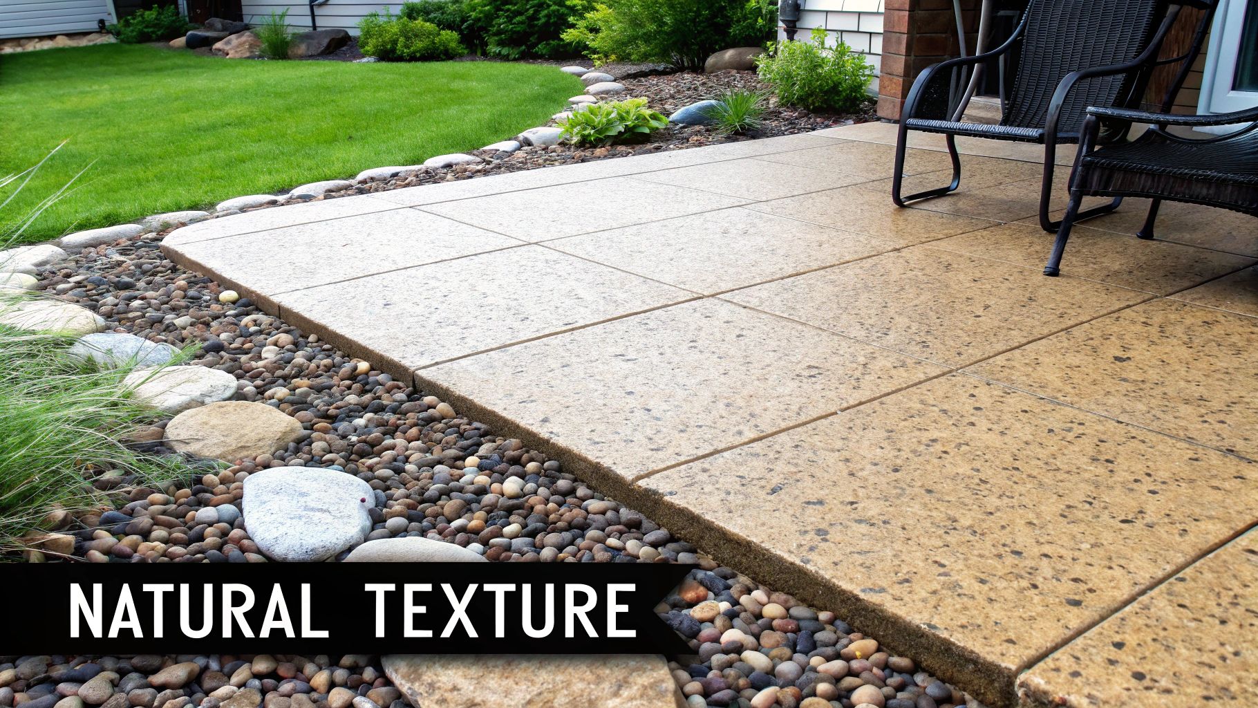 Stamped concrete patio with natural stone texture bordered by decorative river rocks and landscaping