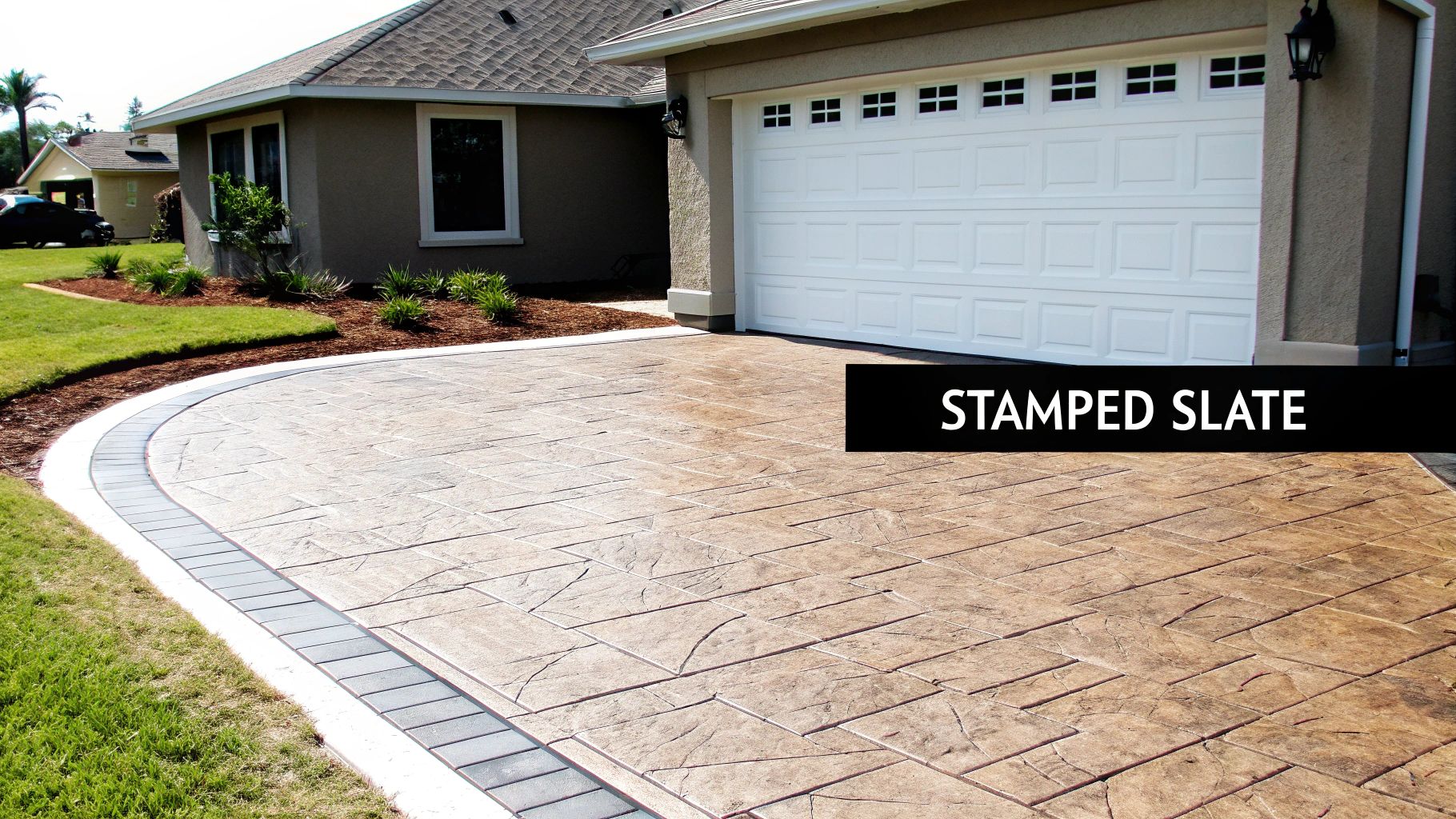 A house with a beautiful brown stamped slate concrete driveway bordered by green grass and landscaping.