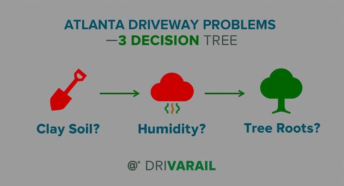 Infographic decision tree for Atlanta driveway problems showing icons for clay soil, humidity, and tree roots.