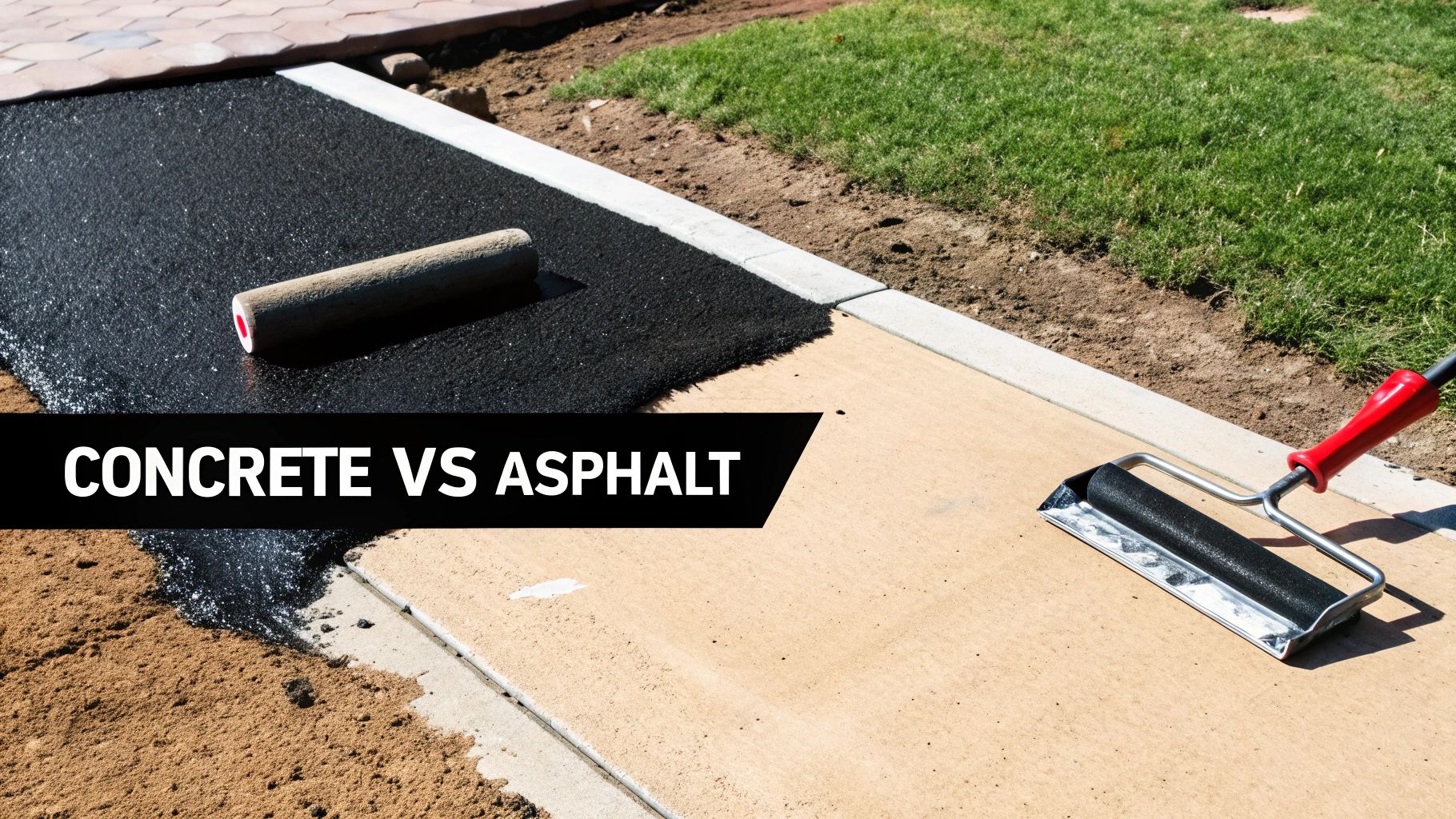Workers applying a black asphalt or rubberized sealant on a light-colored concrete court with rollers.