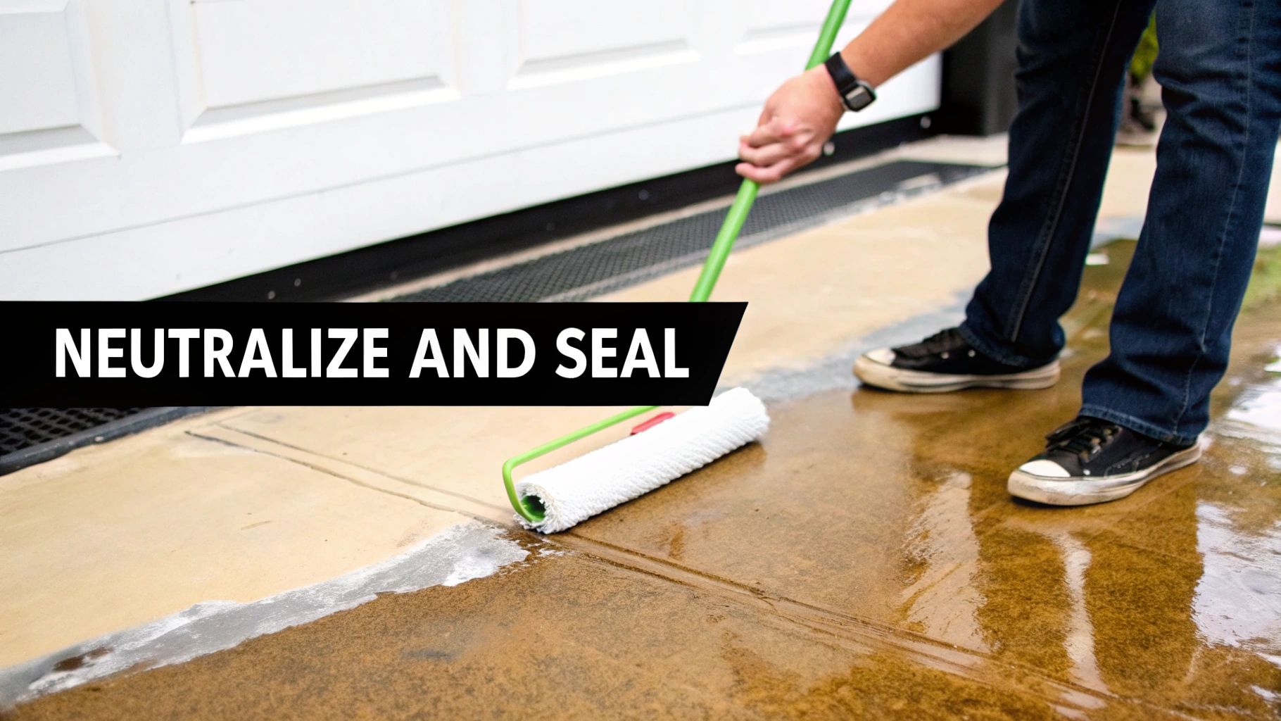 A person uses a roller to apply a sealer to a wet concrete floor, with text 'NEUTRALIZE AND SEAL'.