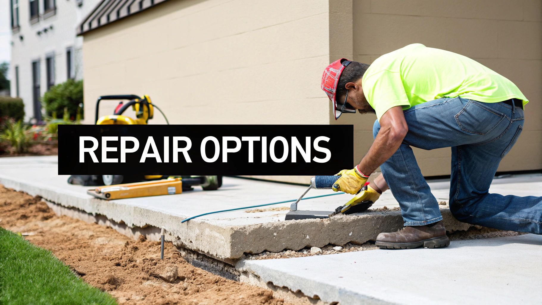 Construction worker in safety vest repairing damaged concrete sidewalk with trowel and tools