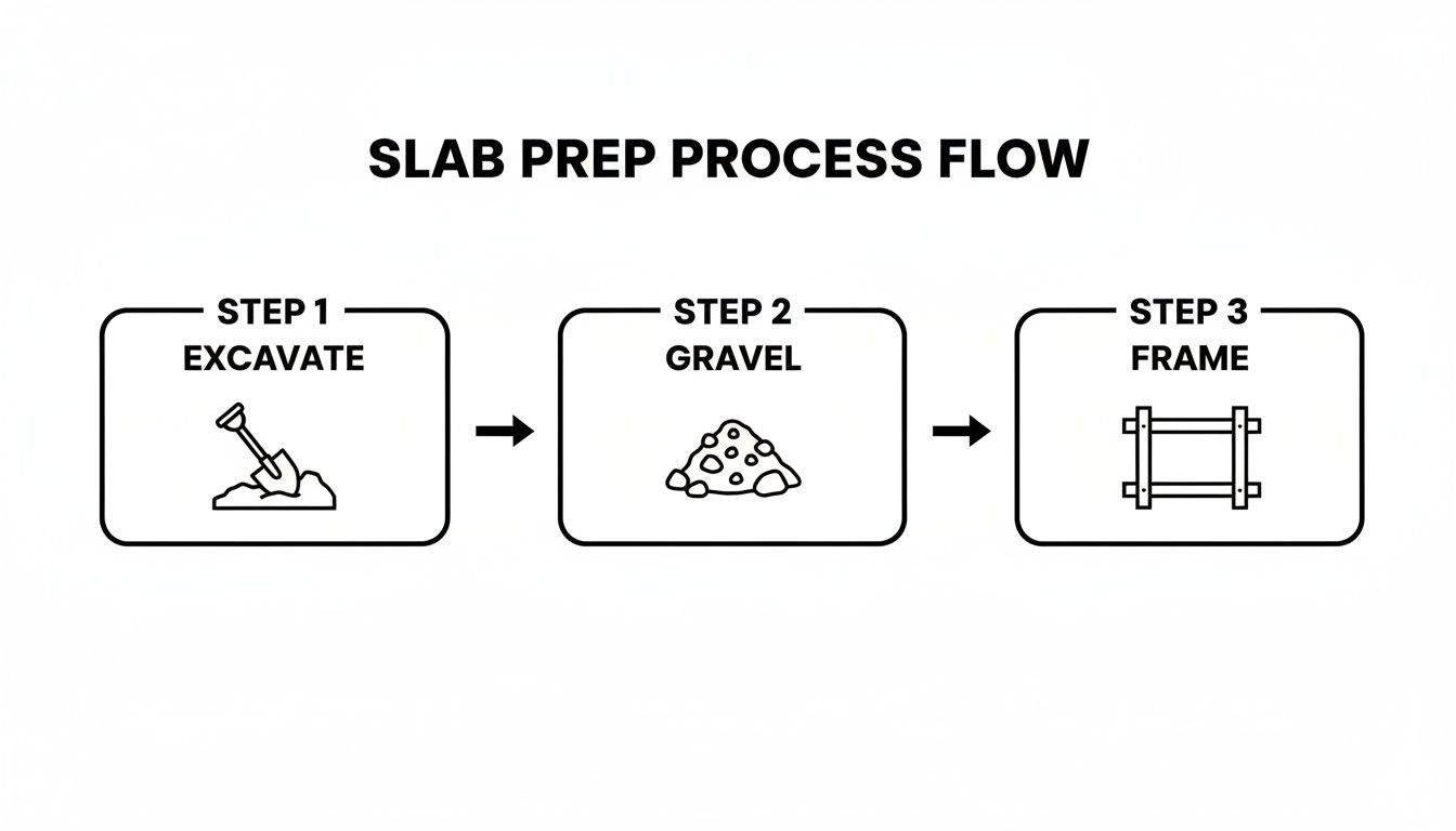 A process flow diagram illustrating three sequential steps for slab preparation: excavate, gravel, and frame.