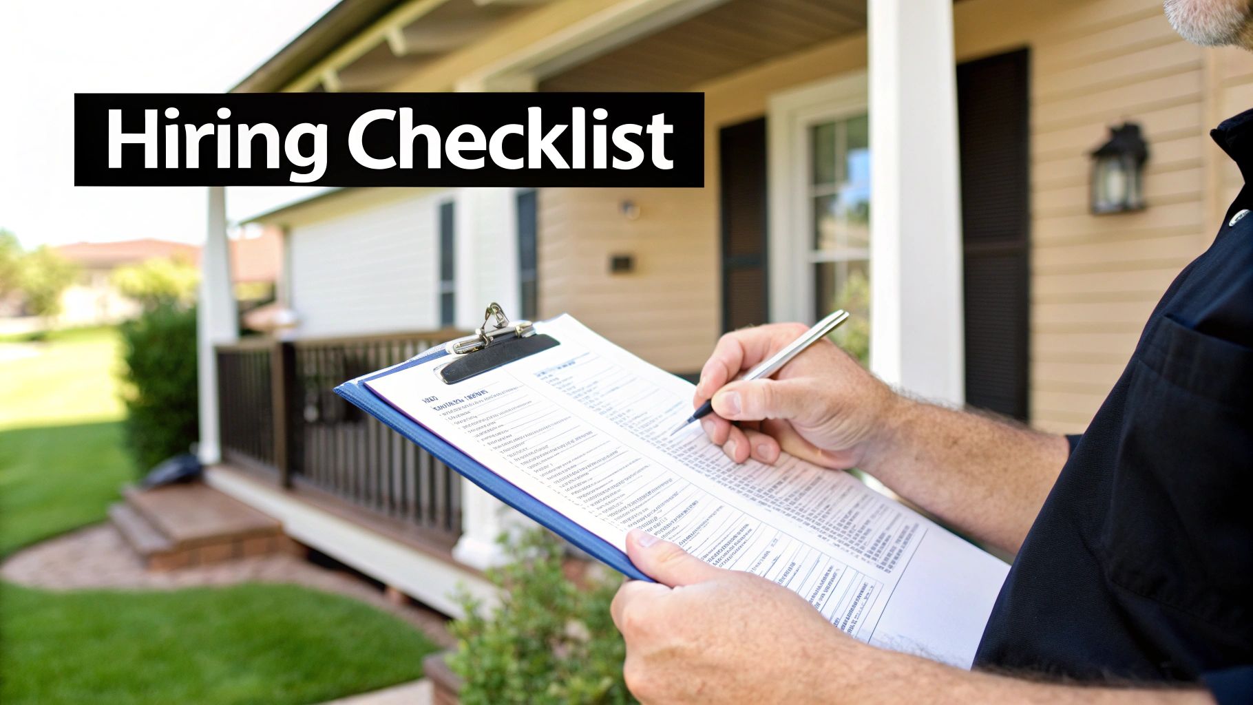 Professional inspector reviewing hiring checklist on clipboard outside residential home for contractor evaluation