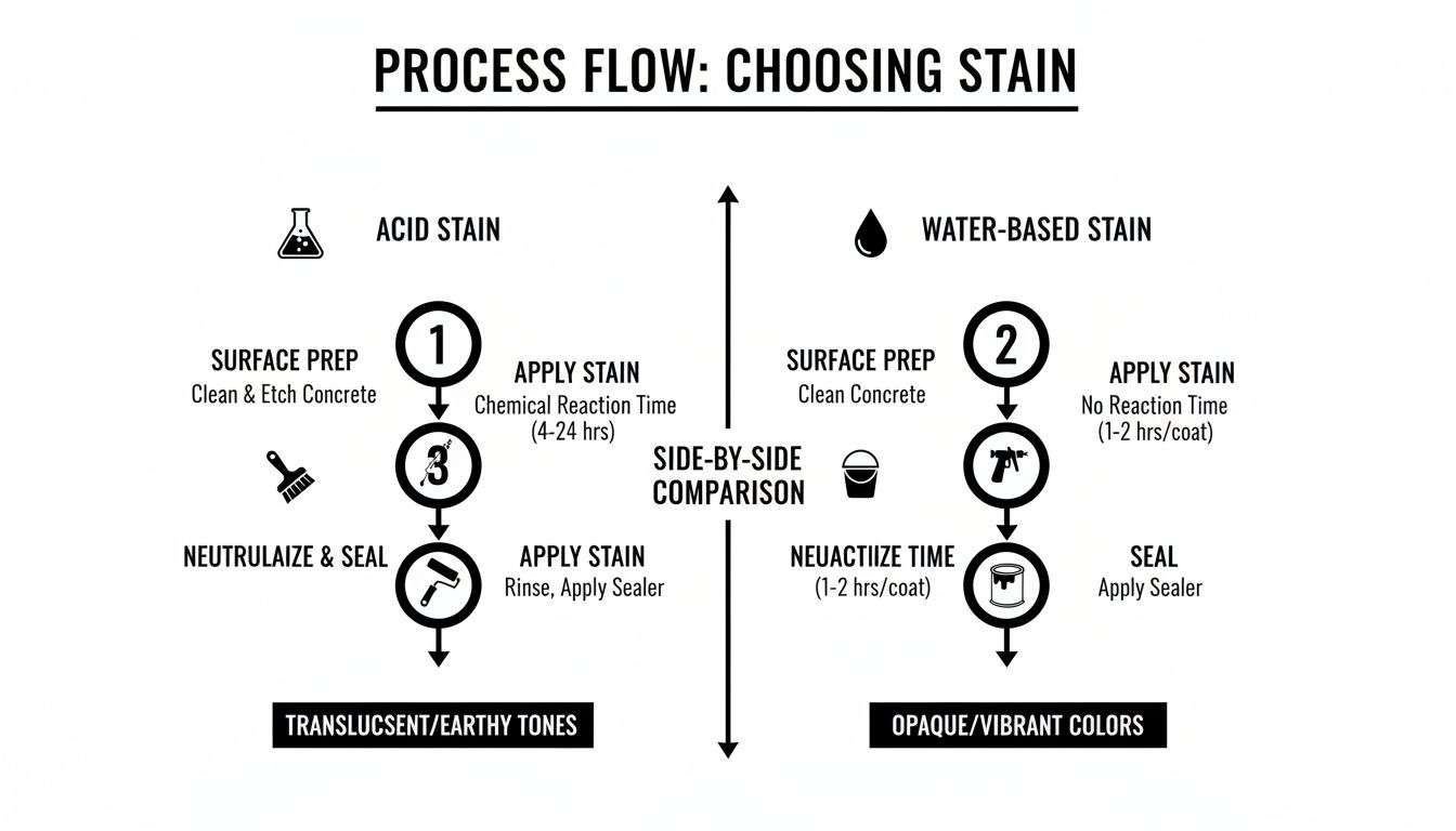 Flowchart illustrating the process of choosing between acid and water-based concrete stains, detailing steps and resulting color tones.
