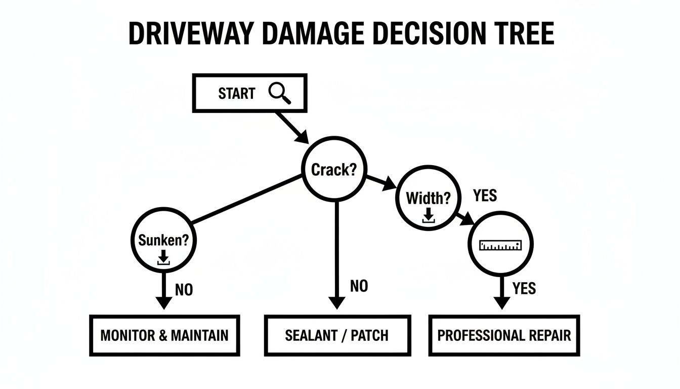 A decision tree flowchart for driveway damage, guiding users from crack detection to professional repair options.