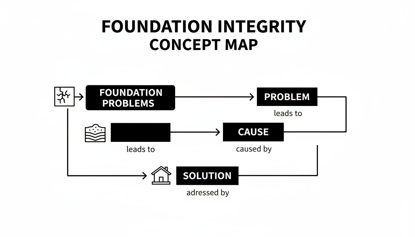 A concept map showing the flow from foundation problems to their causes, resulting issues, and corresponding solutions.