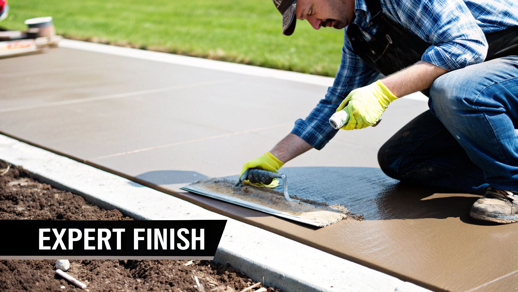 A construction worker in a plaid shirt and yellow gloves expertly smooths wet concrete with a trowel.