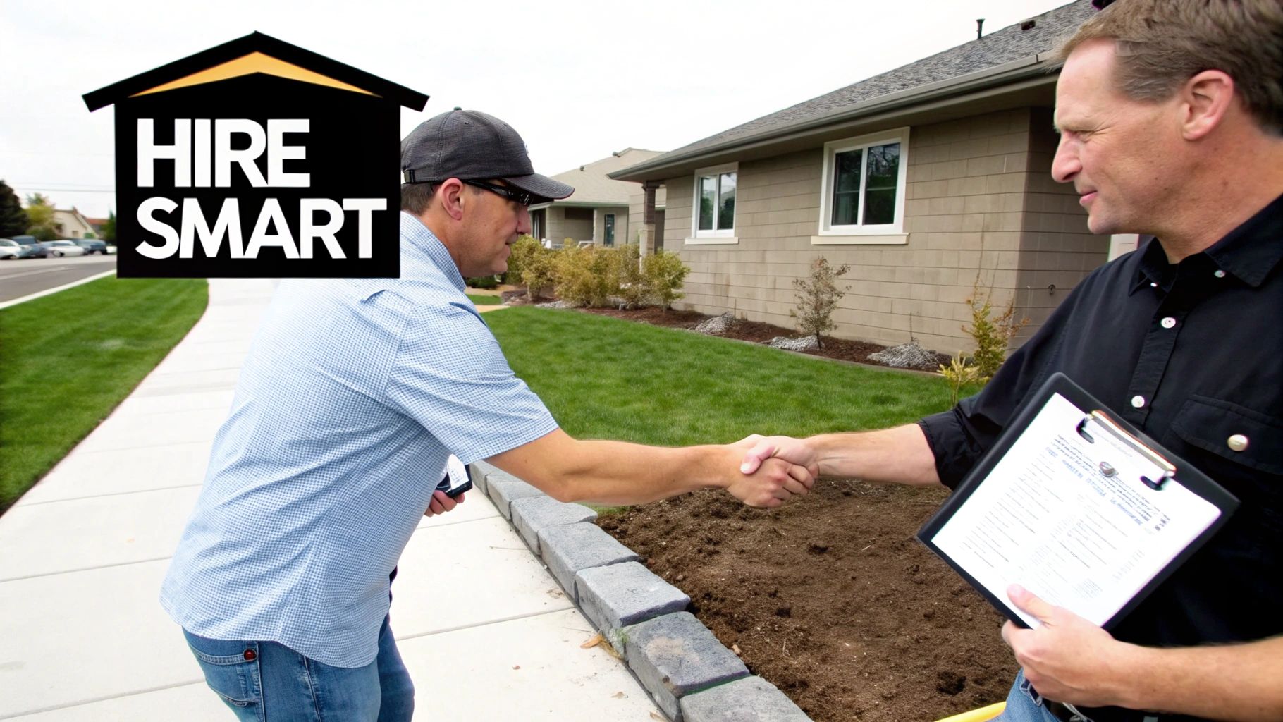Two men, one holding a clipboard, shake hands in front of a house with a "HIRE SMART" logo.