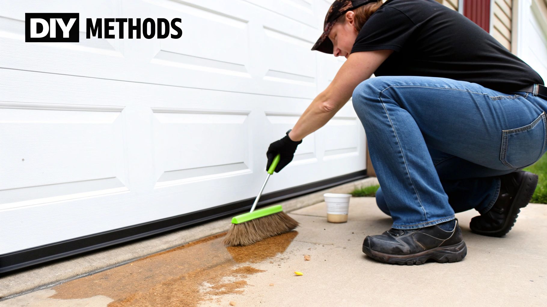 A person in gloves and jeans scrubs an oil stain from concrete with a green broom near a white garage door.