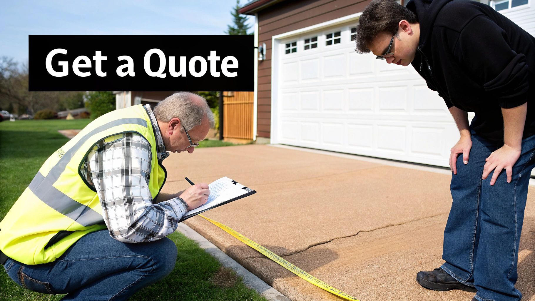 Two men inspect a cracked concrete driveway with a measuring tape for repair estimates.