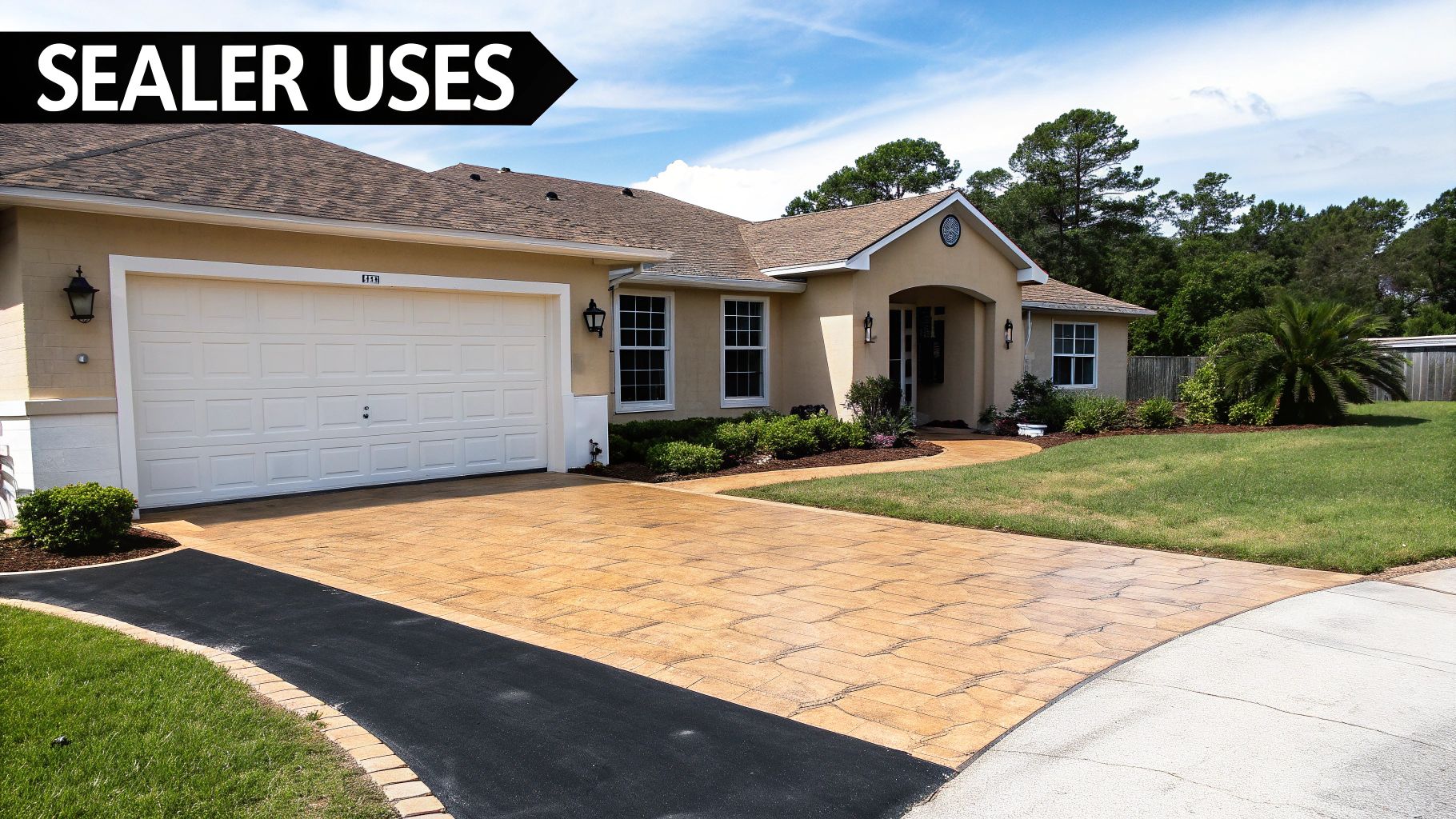 A beautiful house with a decorative stamped concrete driveway and well-maintained landscaping under a blue sky.