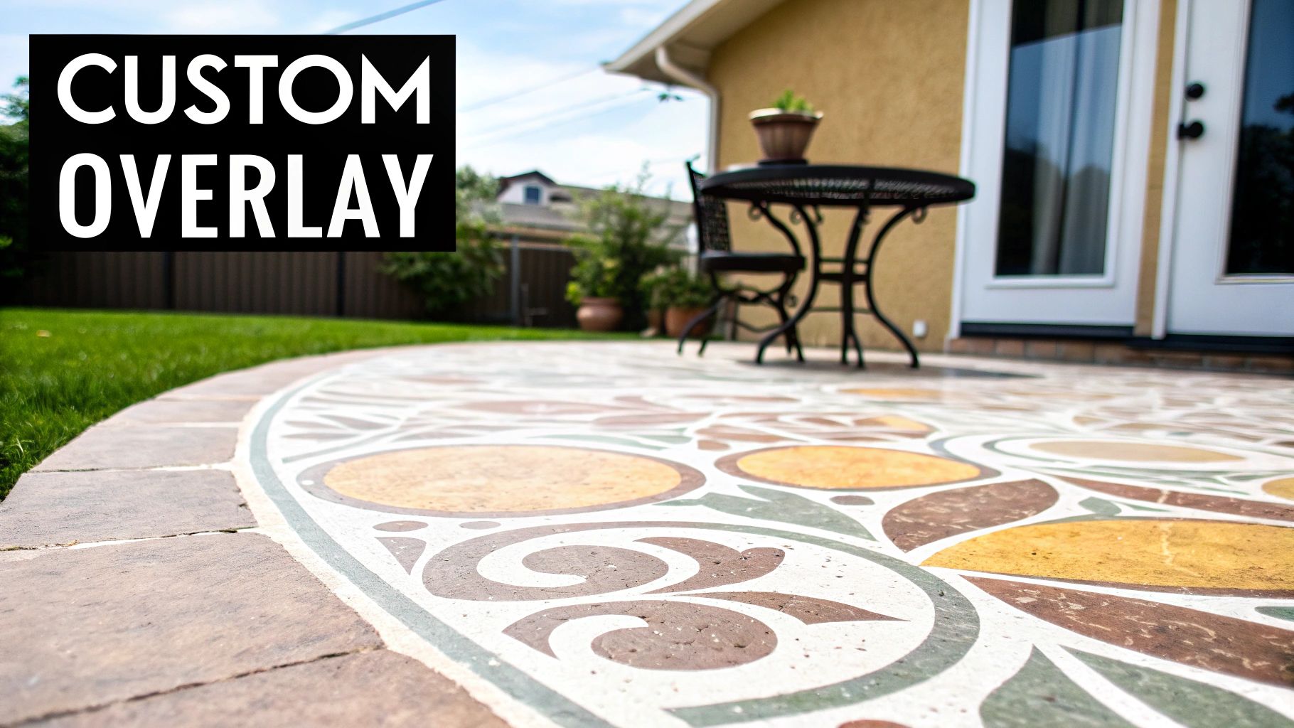 Custom decorative concrete overlay pattern on backyard patio with ornamental designs in earth tones