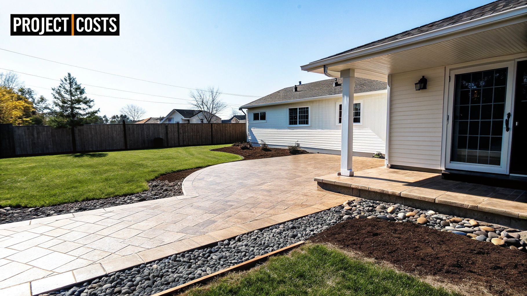 Beautiful backyard with a large stamped concrete patio, green lawn, and decorative rock landscaping.