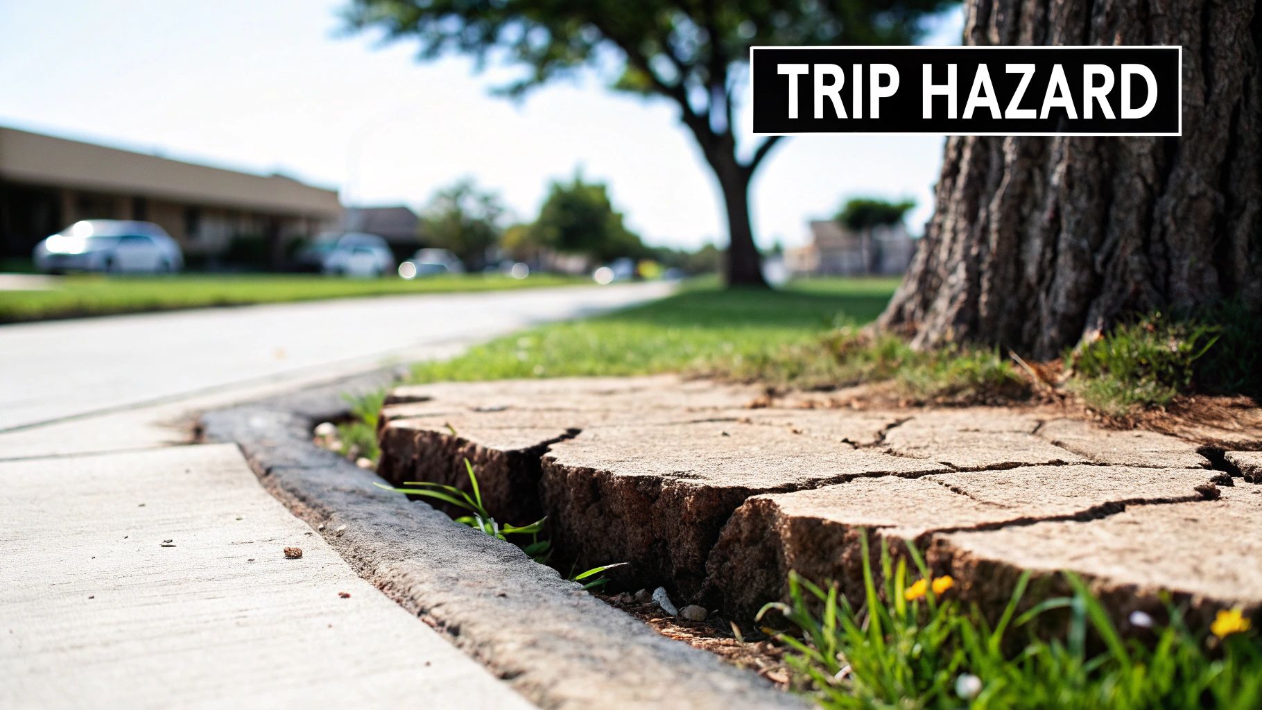 Cracked and broken concrete sidewalk near tree trunk creating dangerous pedestrian trip hazard